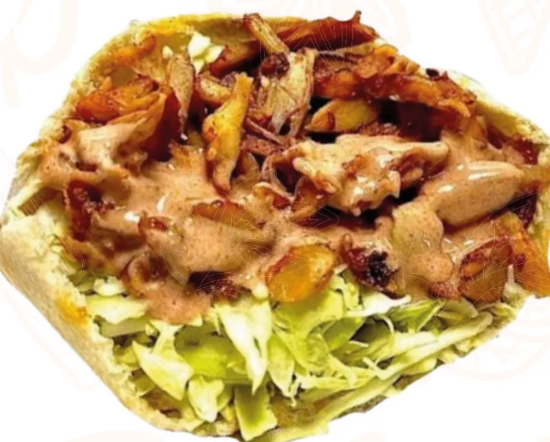 Kebab sand with shredded chicken, sauce and cabbage