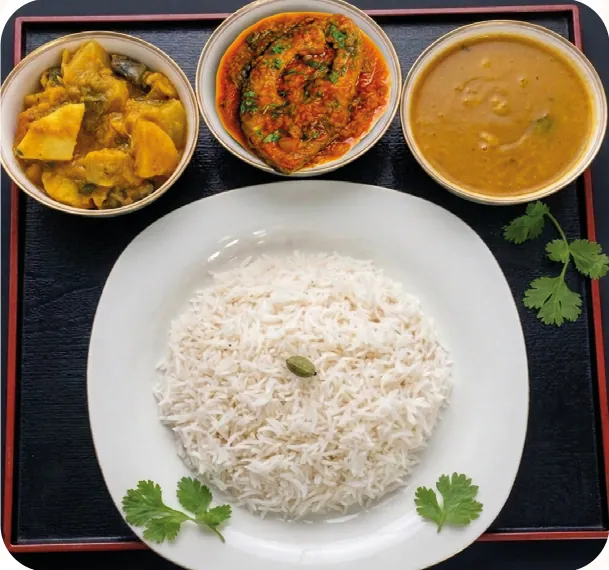 Big fish curry thali with rice, vegetables and dal